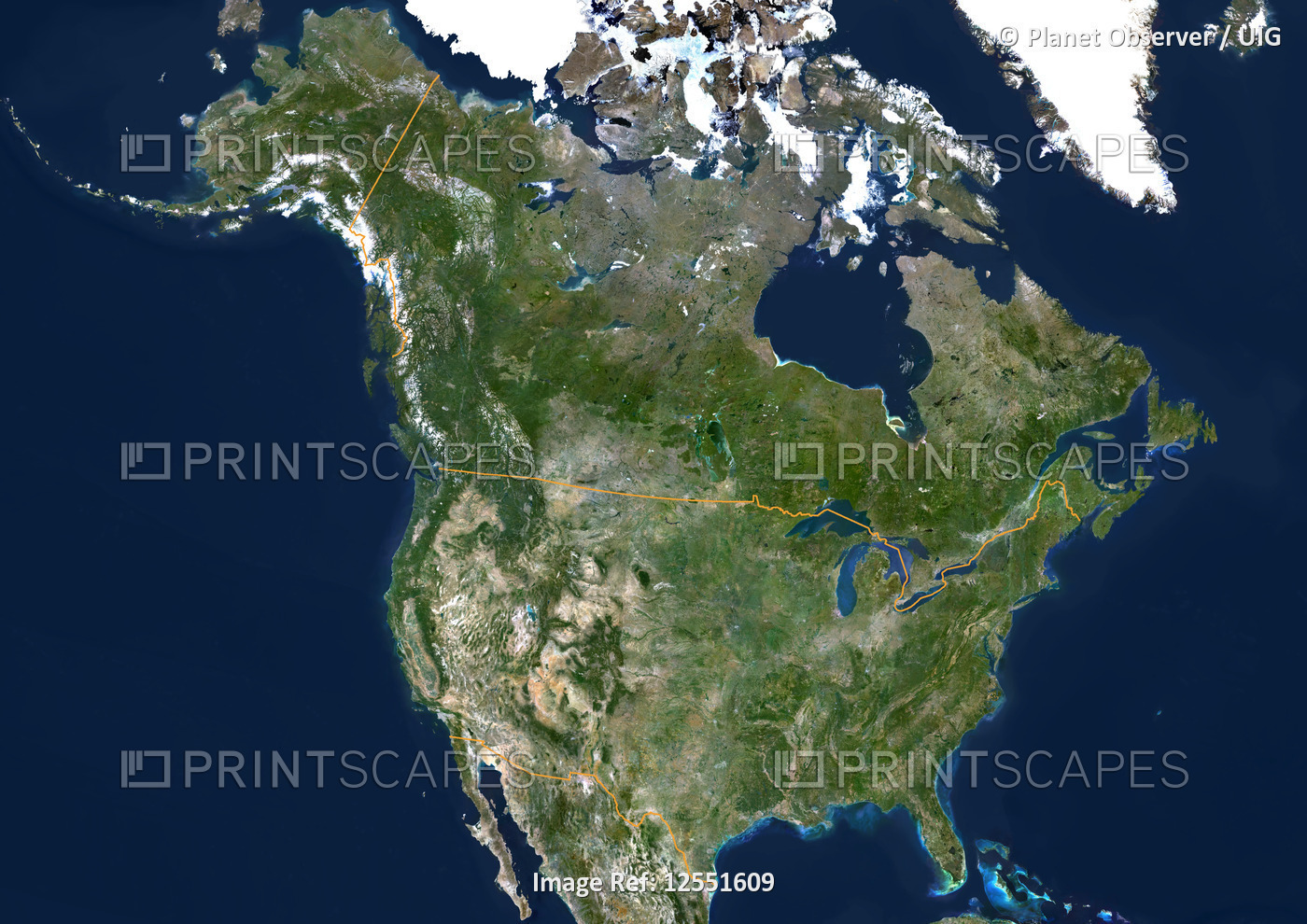 United States (Alaska Incl.), True Colour Satellite Image With Border. USA (Alaska incl.) and Canada