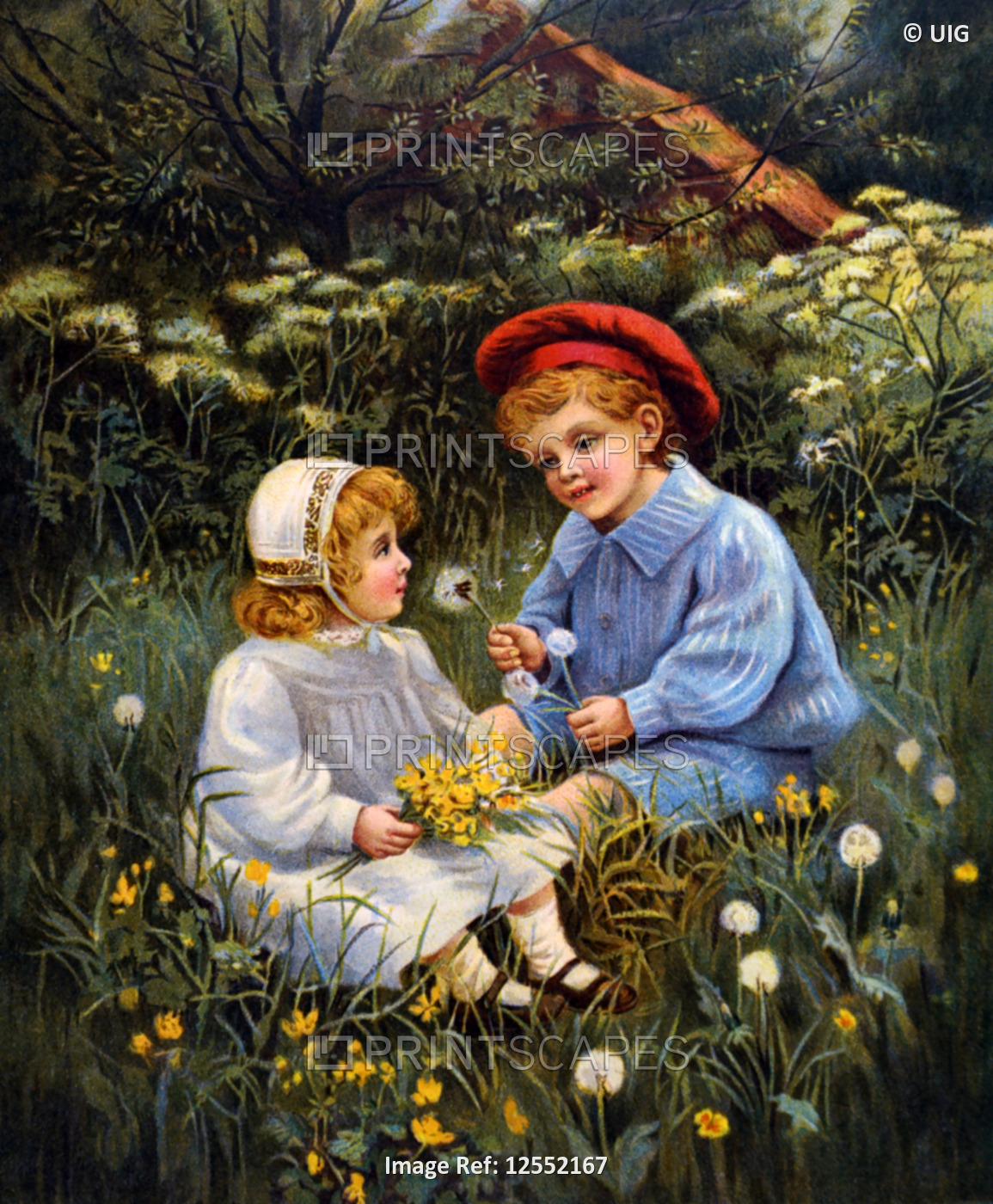 Painting depicting siblings playing in a field 