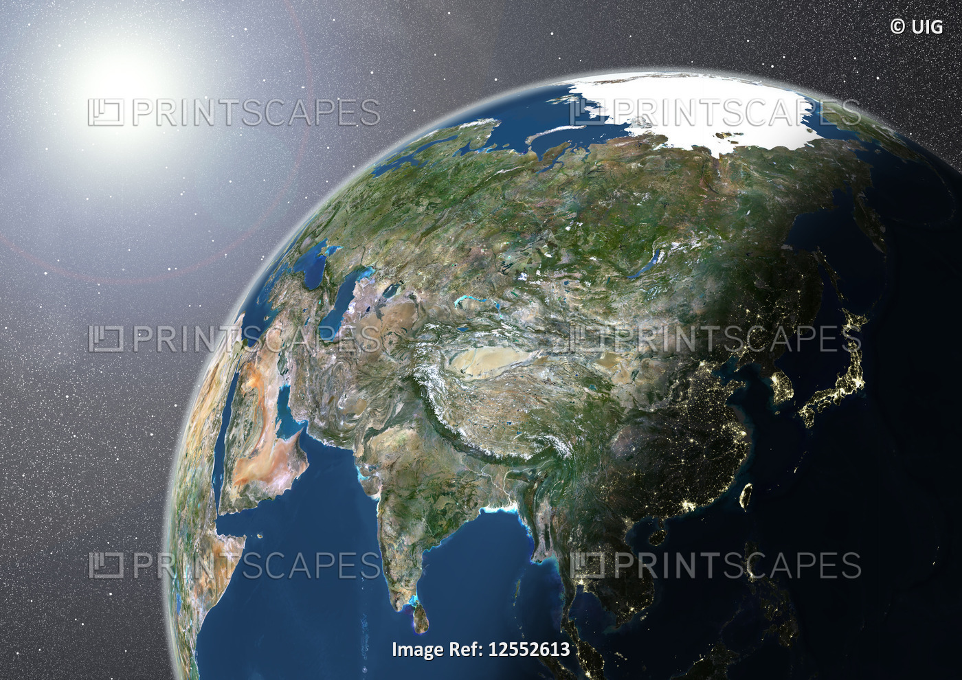 Globe Showing Asia, True Colour Satellite Image Of The Earth, Half In Shadow And The Sun