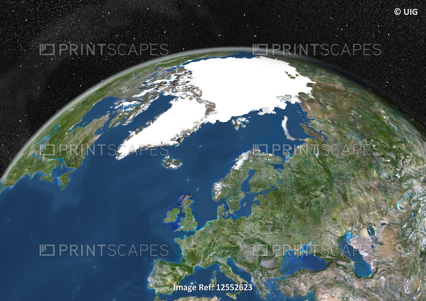 Globe Showing Europe, True Colour Satellite Image Of The Earth Showing Greenland, North Pole, Europe