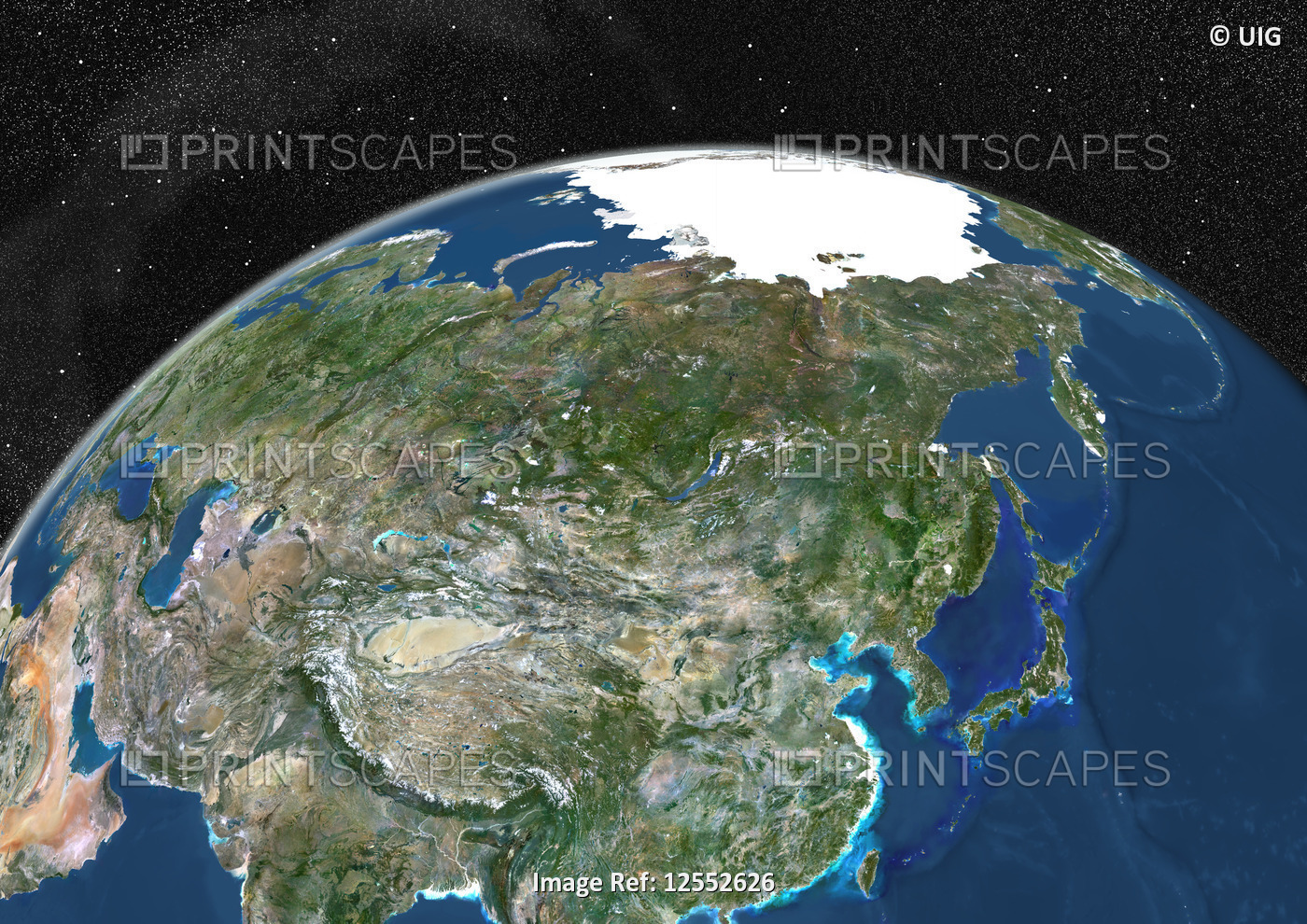 Globe Showing Asia, True Colour Satellite Image Of The Earth Showing Asia And The North Pole