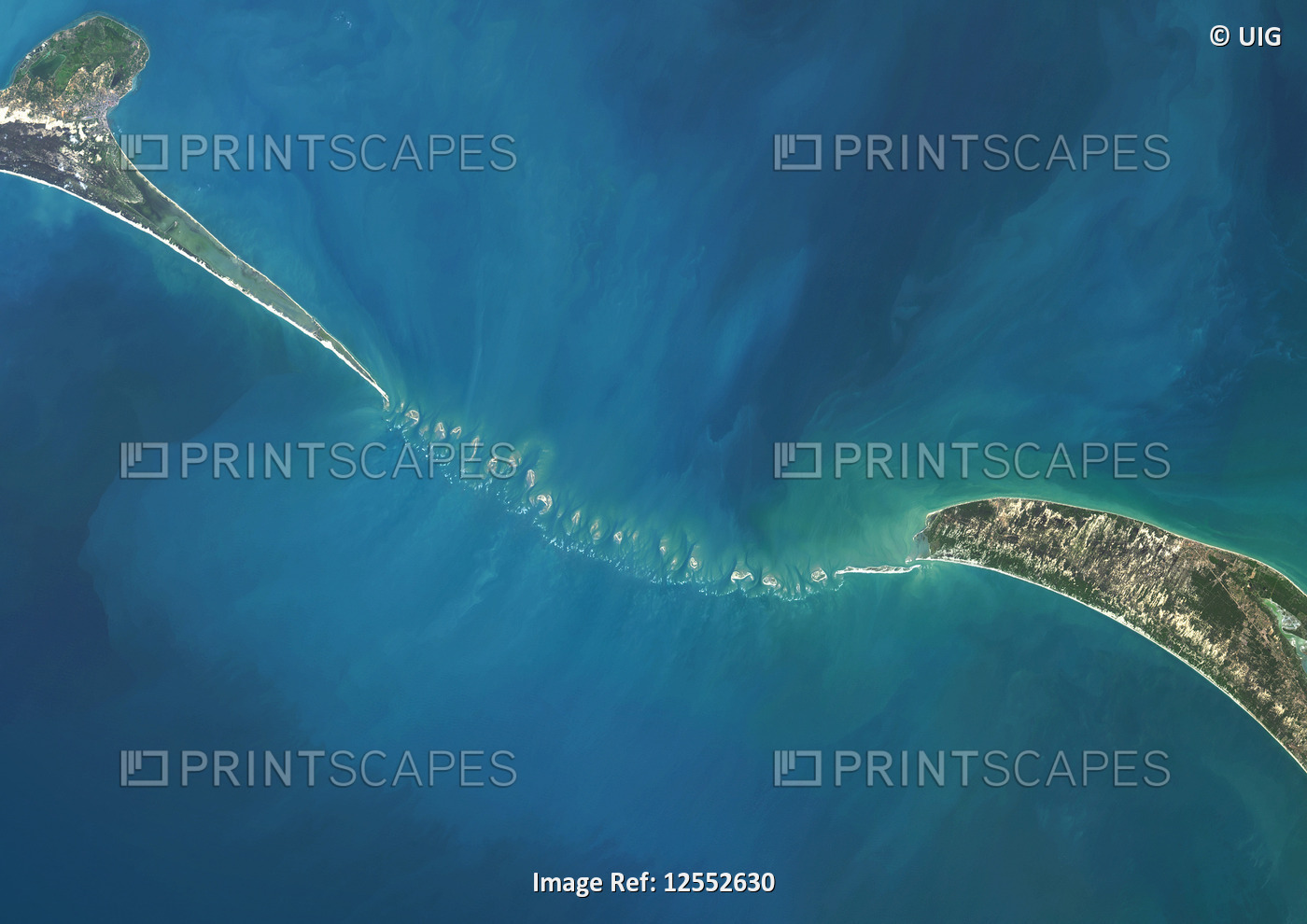 Satellite view of Adam's Bridge. This chain of limestone shoals connects Sri Lanka to India.