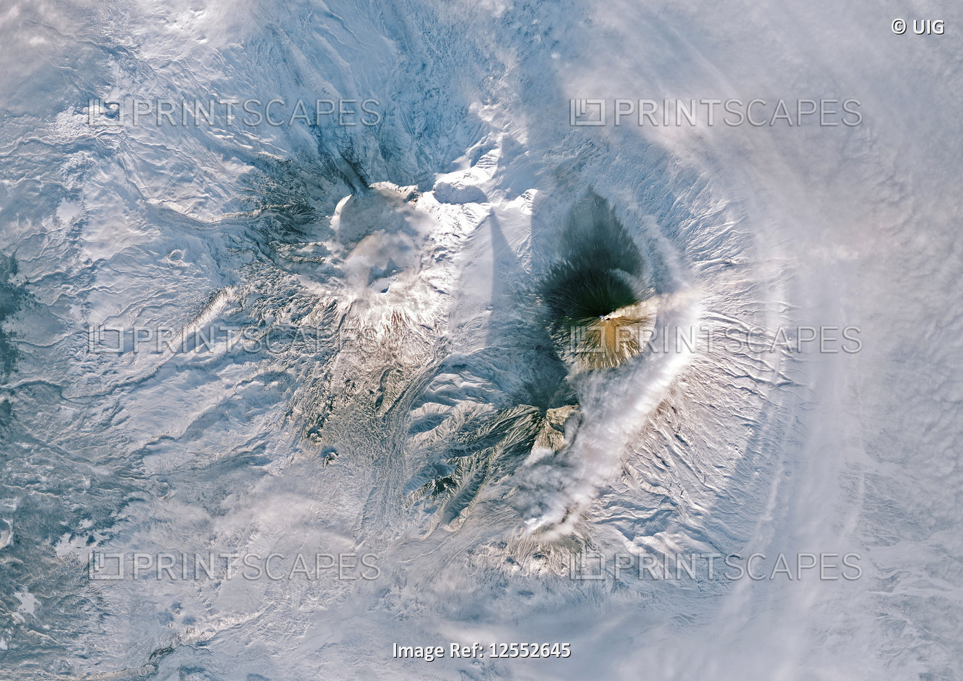Color satellite image of volcanoes on Kamchatka Peninsula, Russia