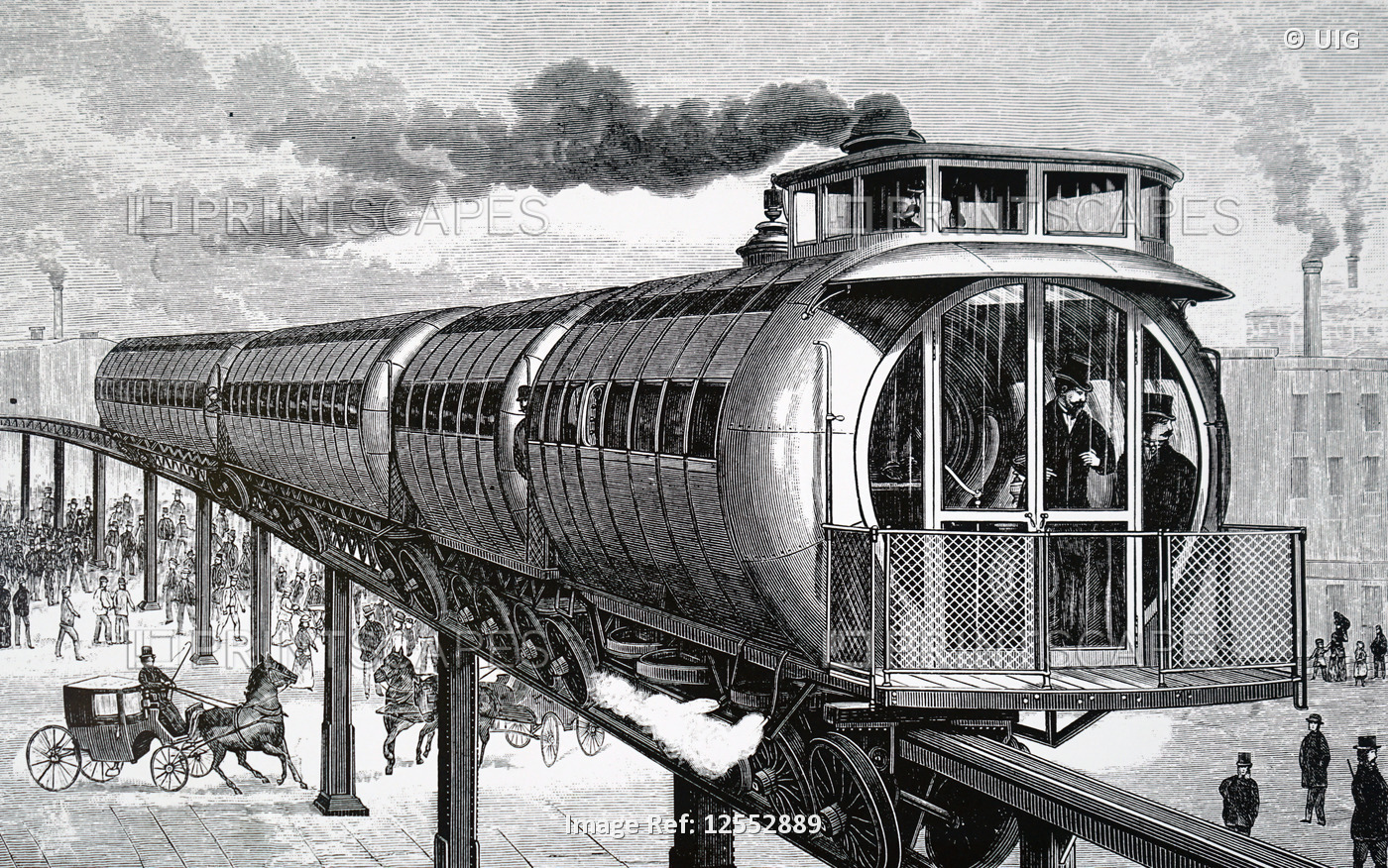 Illustration depicting Henry Meiggs' elevated monorail system, 19th century