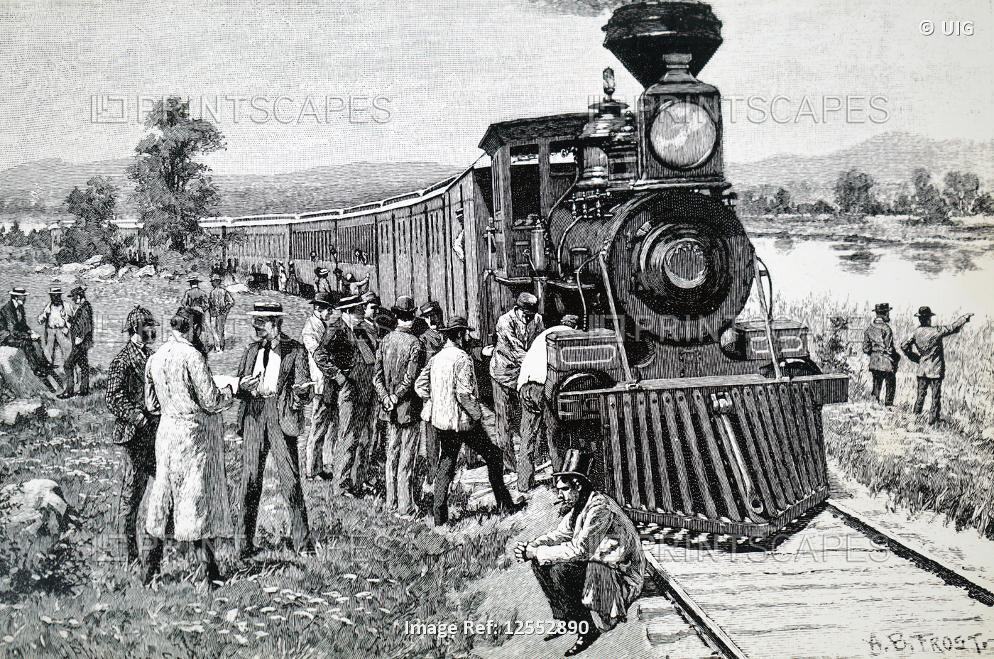 Illustration depicting a steam train which has broken down, 19th century
