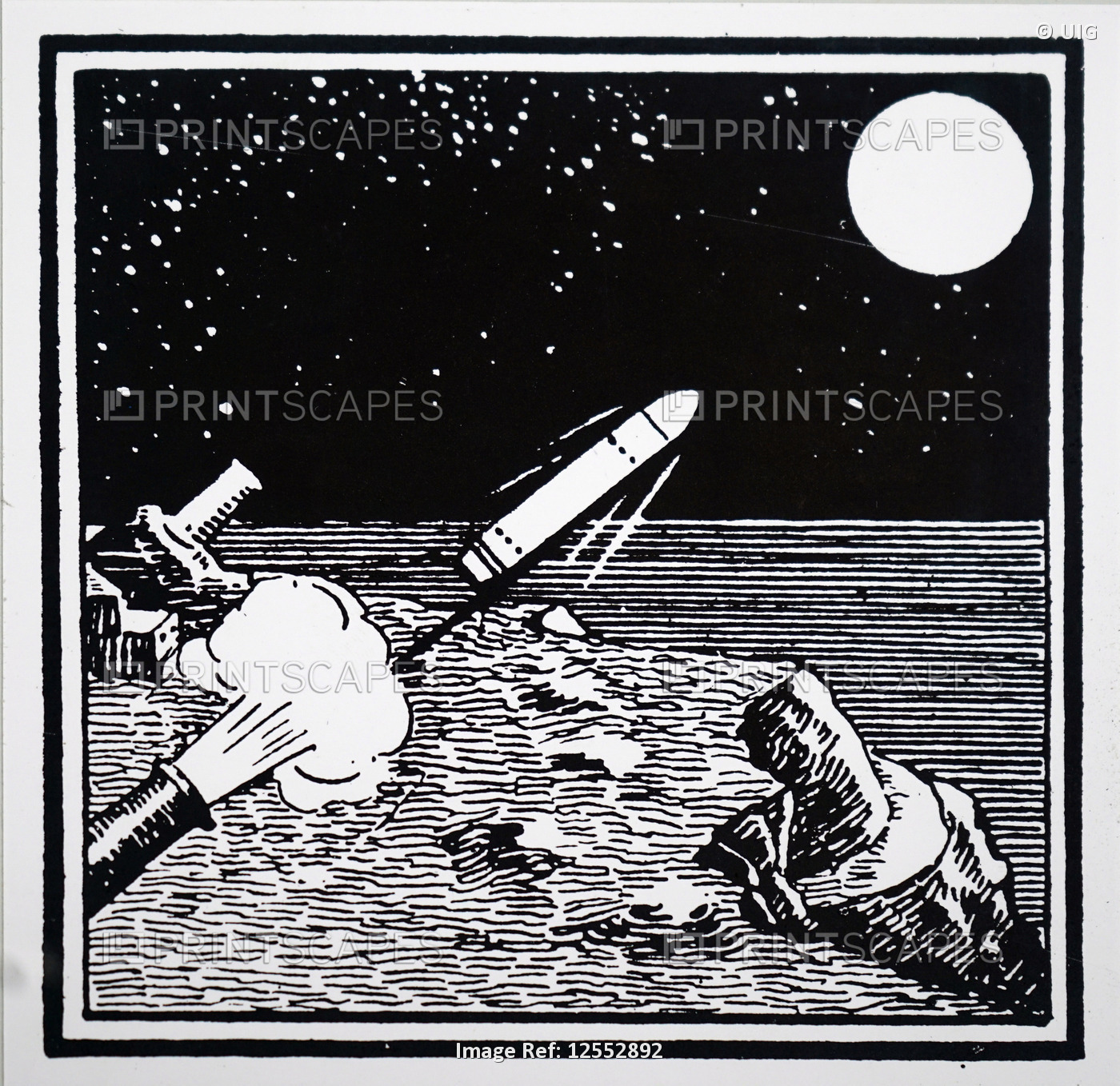 Engraving depicting a rocket being fired towards the moon, 20th century