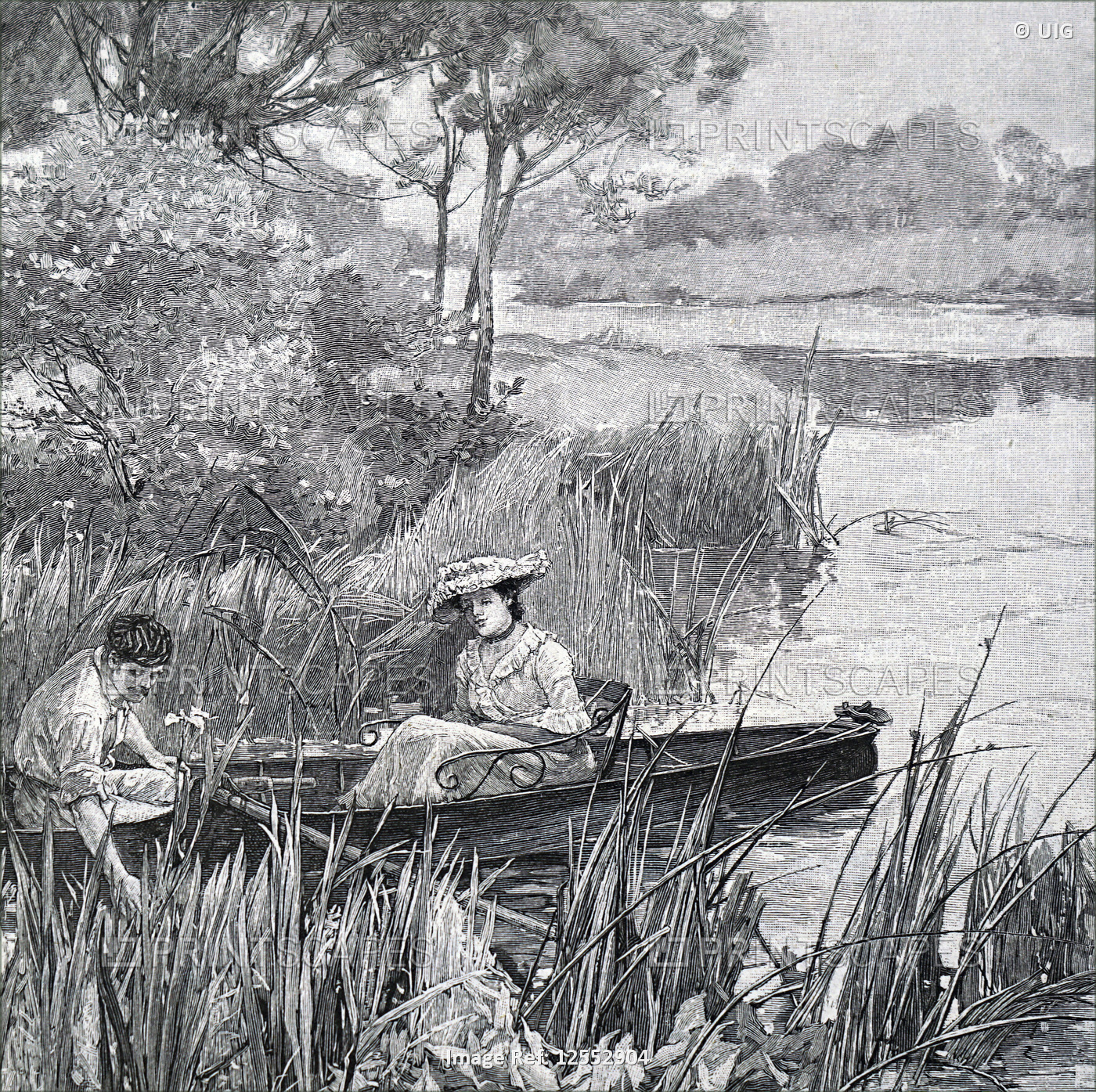 Illustration depicting a young couple in a row boat, 19th century