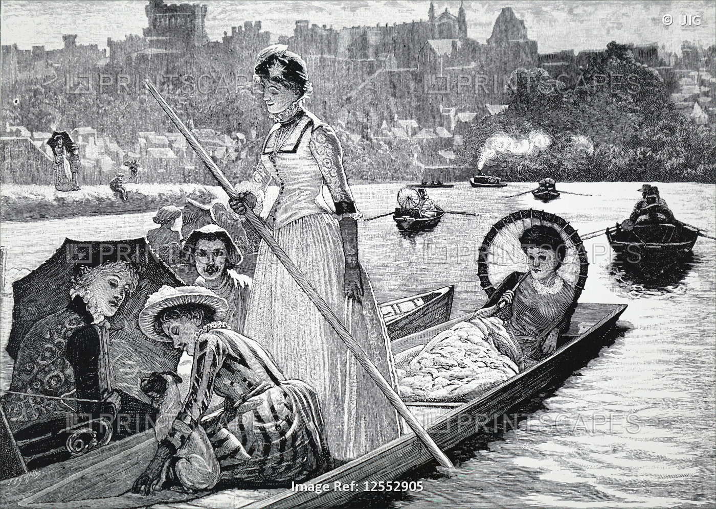 Illustration depicting young women spending a summer afternoon on a boat, 19th century