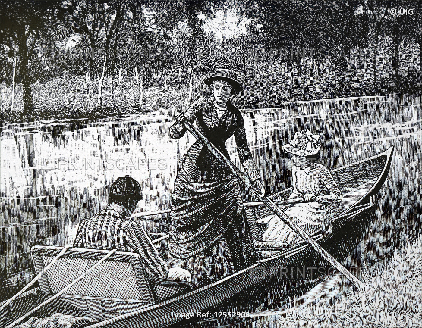 Illustration depicting siblings spending a summer afternoon on a boat, 20th century