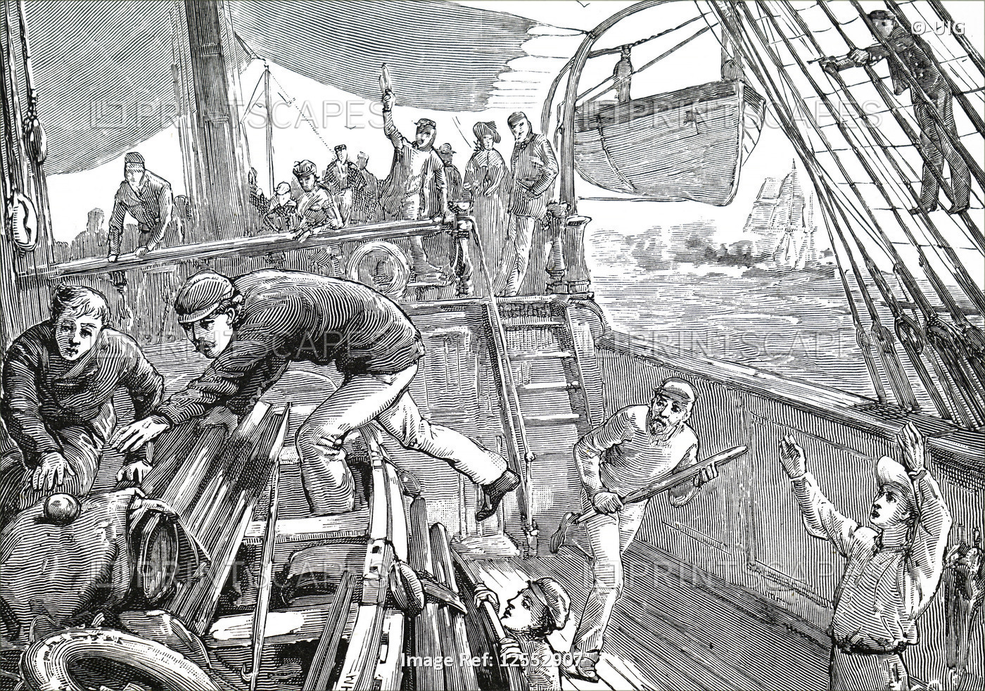Illustration depicting crewmen playing deck cricket on a liner, 19th century
