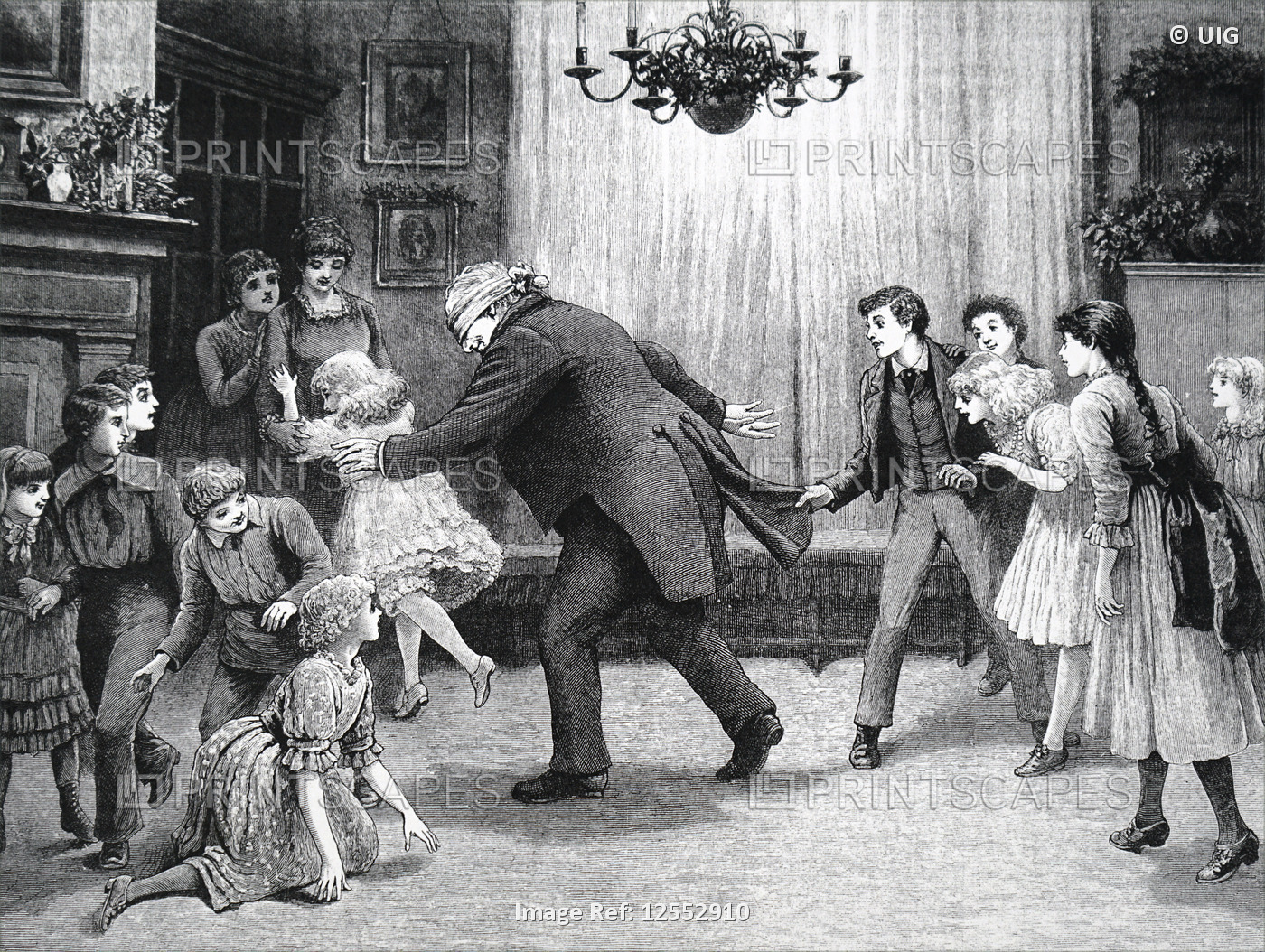 Illustration depicting an older family member playing Blind Man's Bluff, 19th century