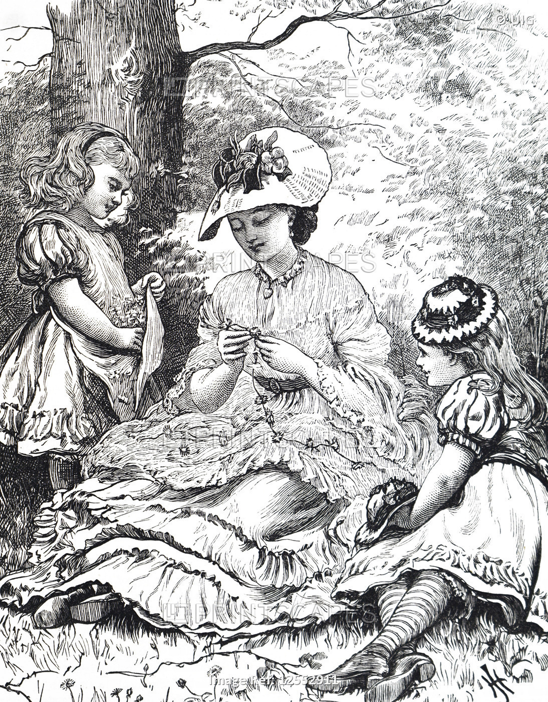 Illustration depicting a young mother with her daughters making daisy chains, 19th century