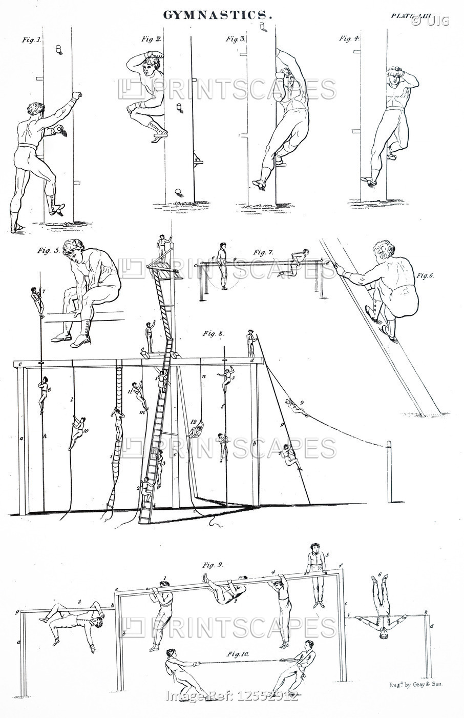 Illustration depicting boys doing gymnastics, 19th century