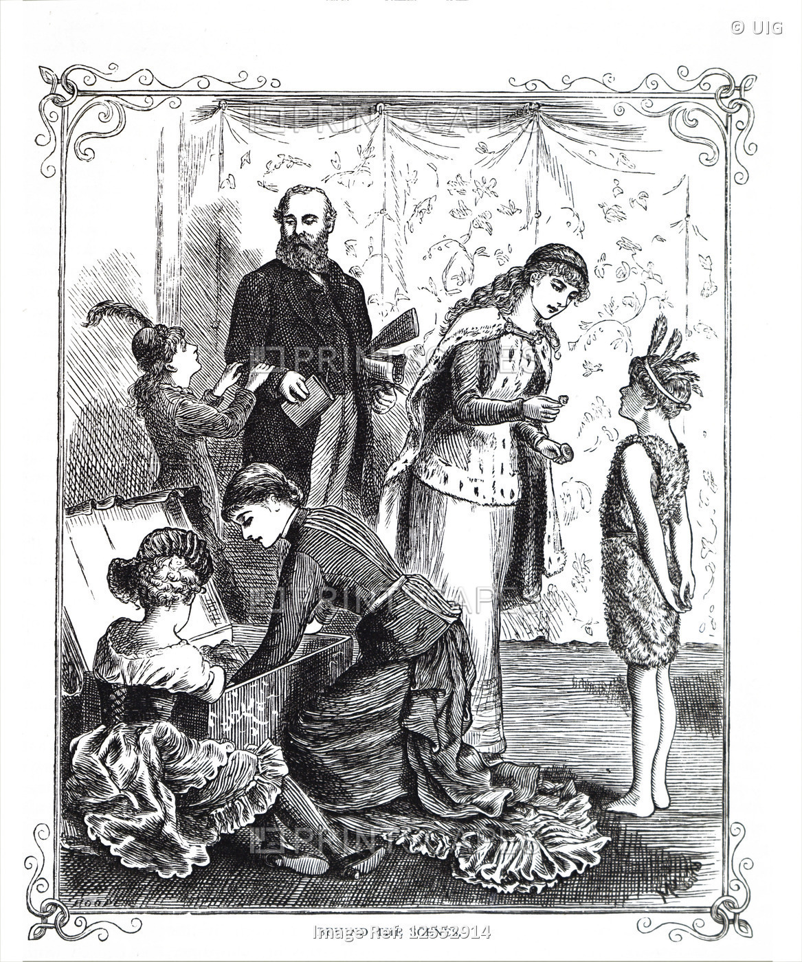 Illustration depicting children playing dress-up, 19th century
