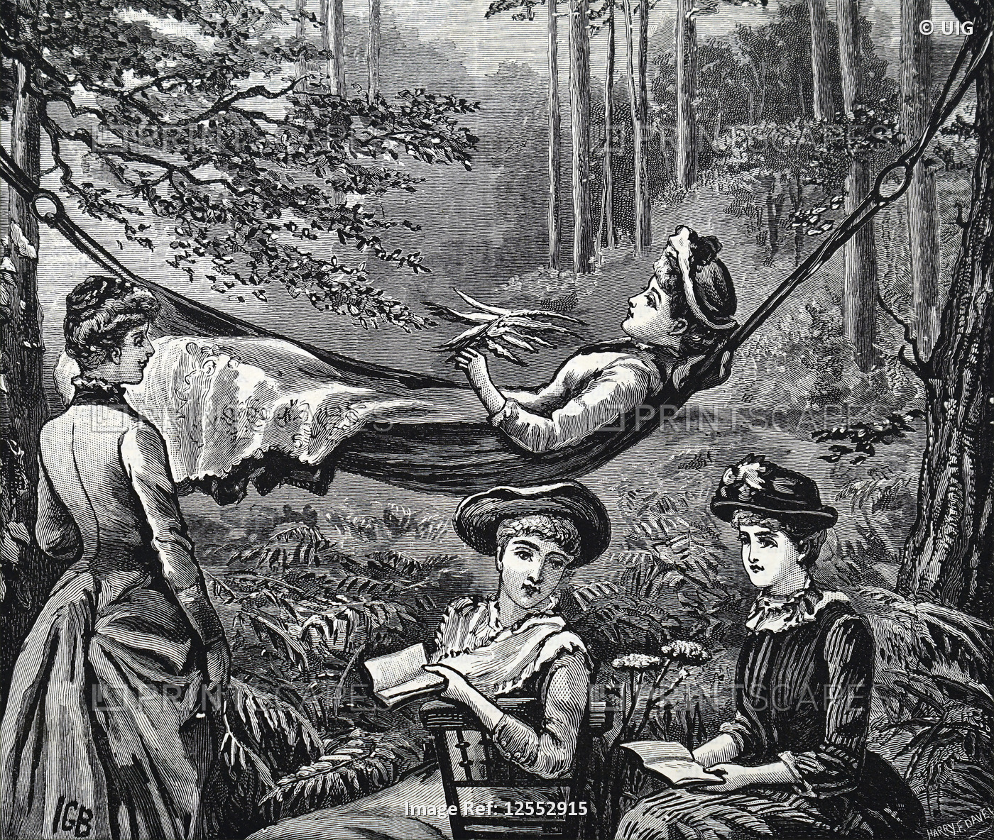 Illustration depicting young ladies relaxing, 19th century