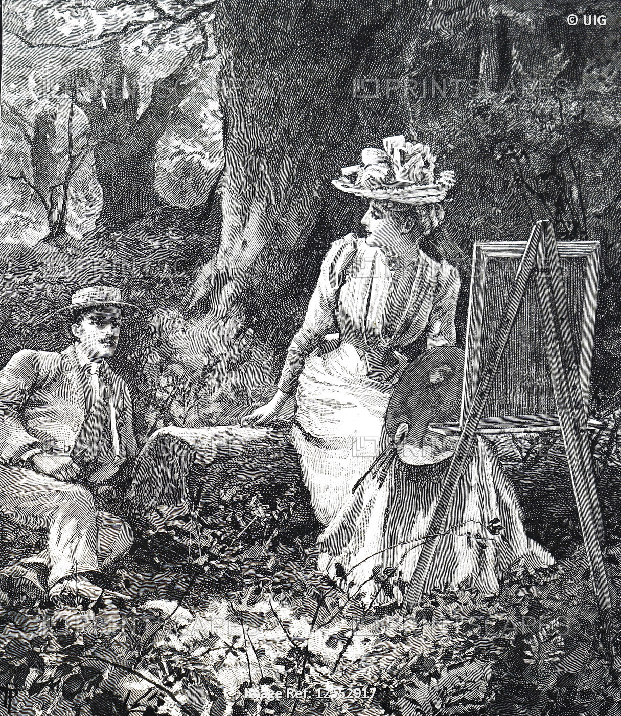 Illustration depicting a young artist presenting her work to her lover, 19th century