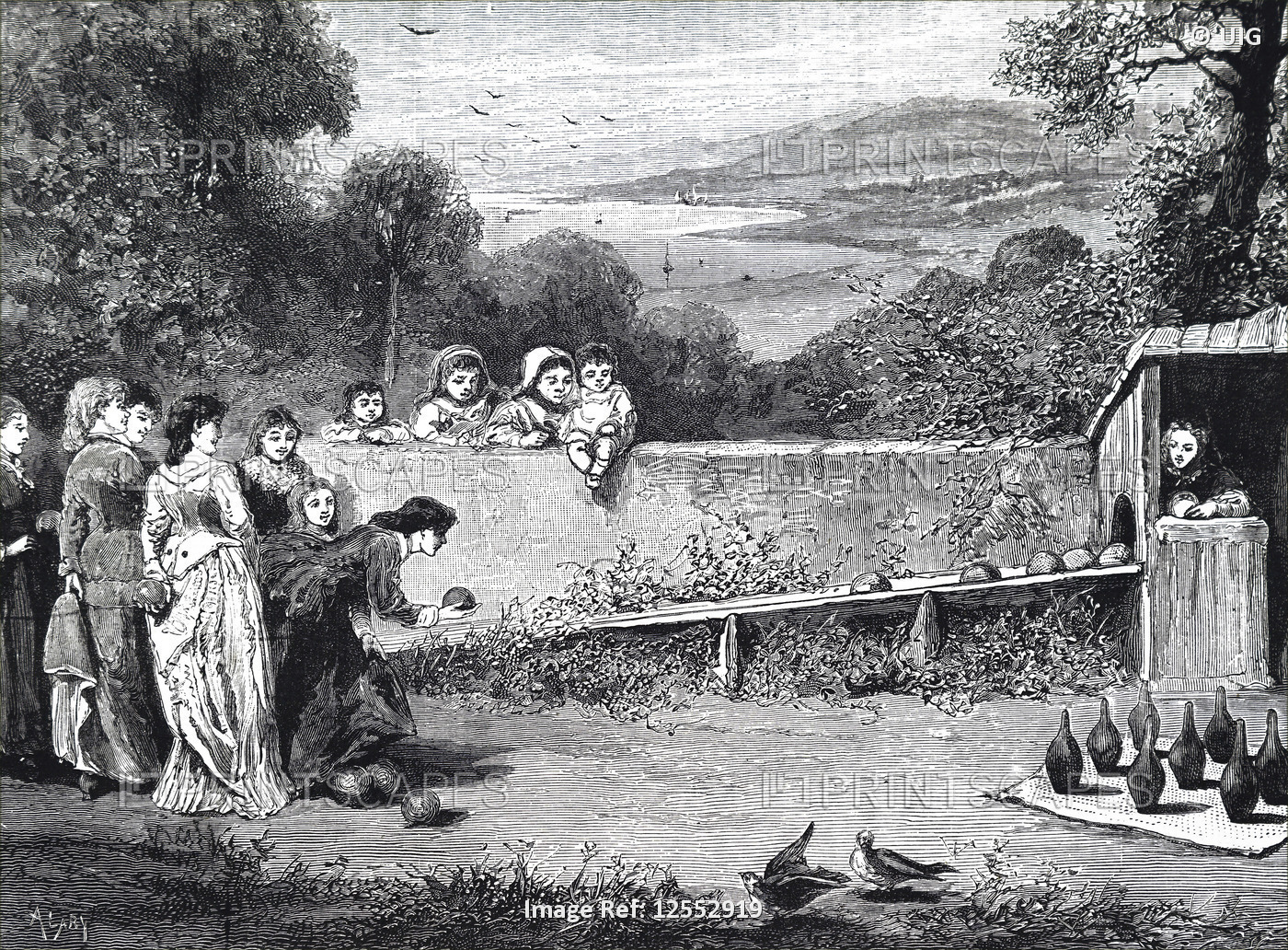 Illustration depicting a game of early bowling being played outside, 19th century