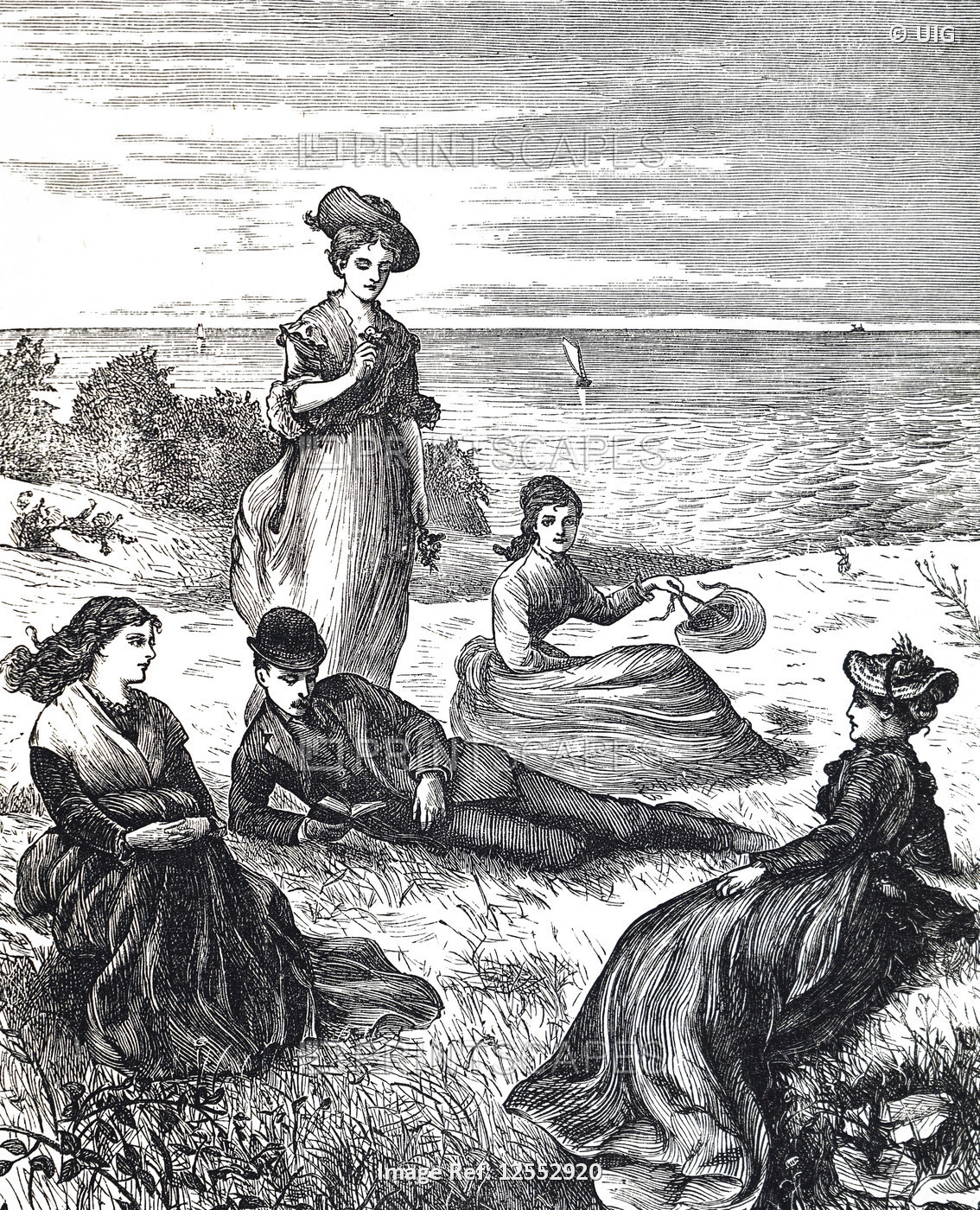 Illustration depicting a family relaxing on a grassy bank and looking out to the sea, 19th century