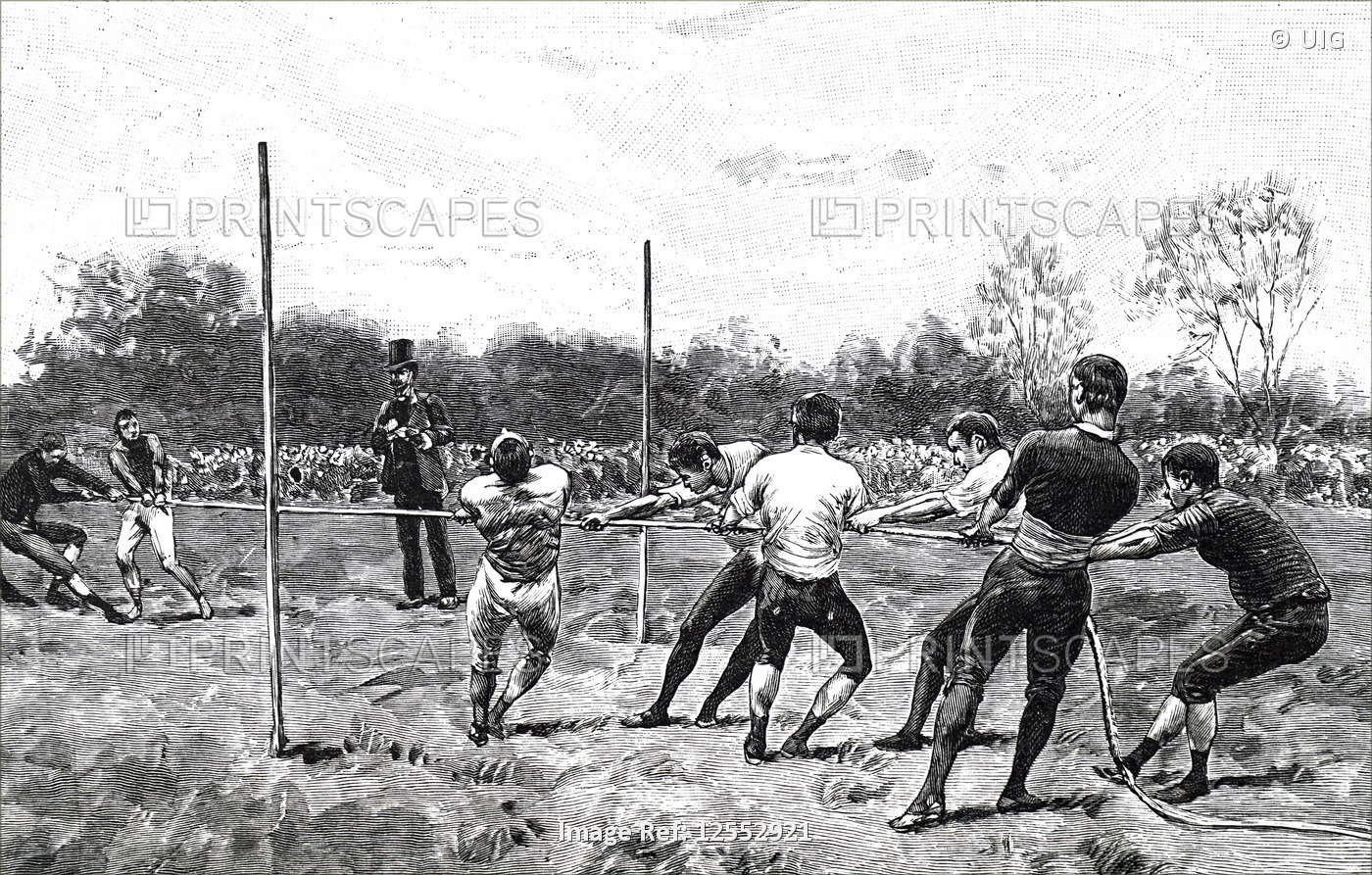 Illustration depicting men playing tug of war, 19th century