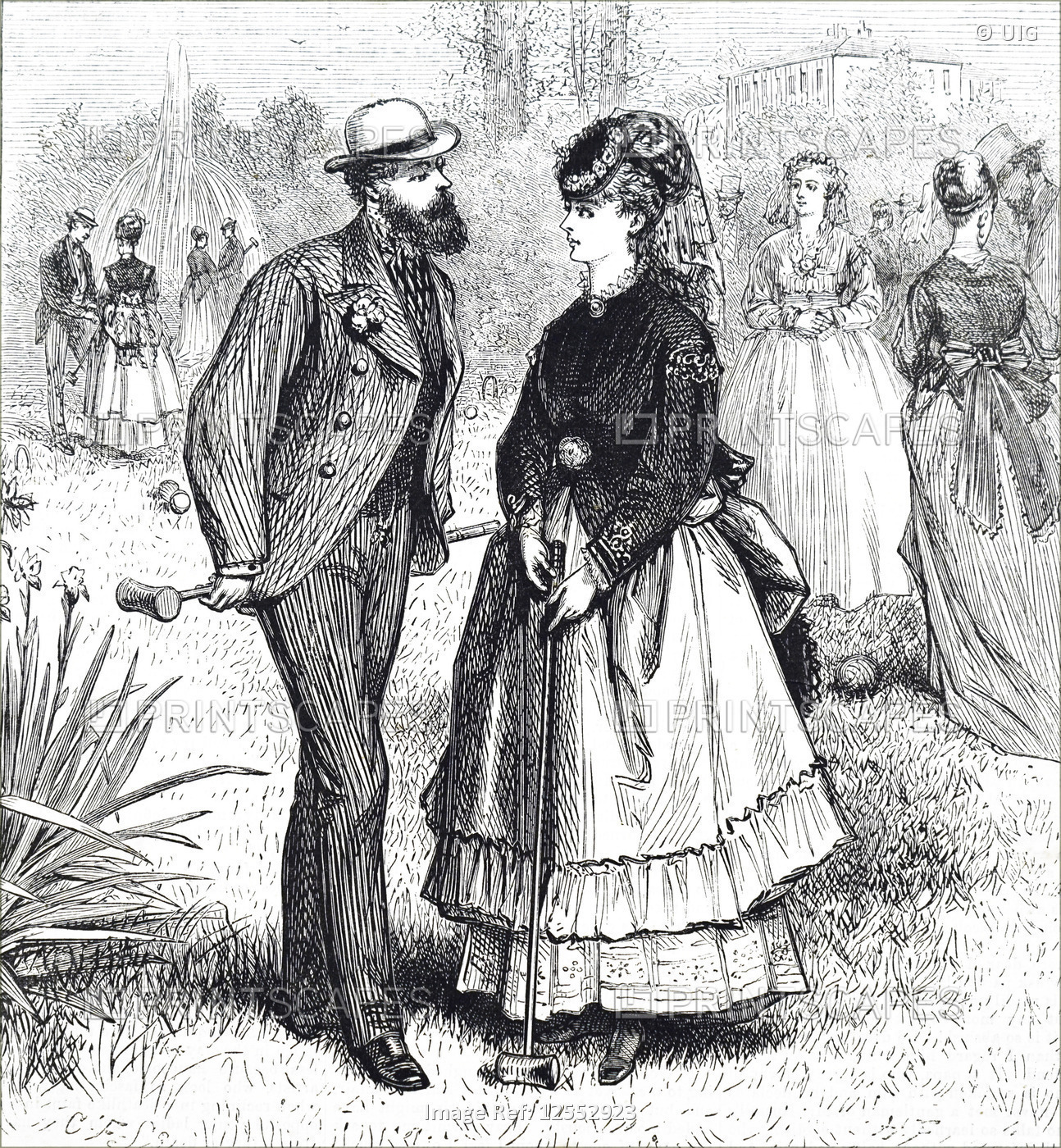 Illustration depicting a young couple playing croquet, 19th century