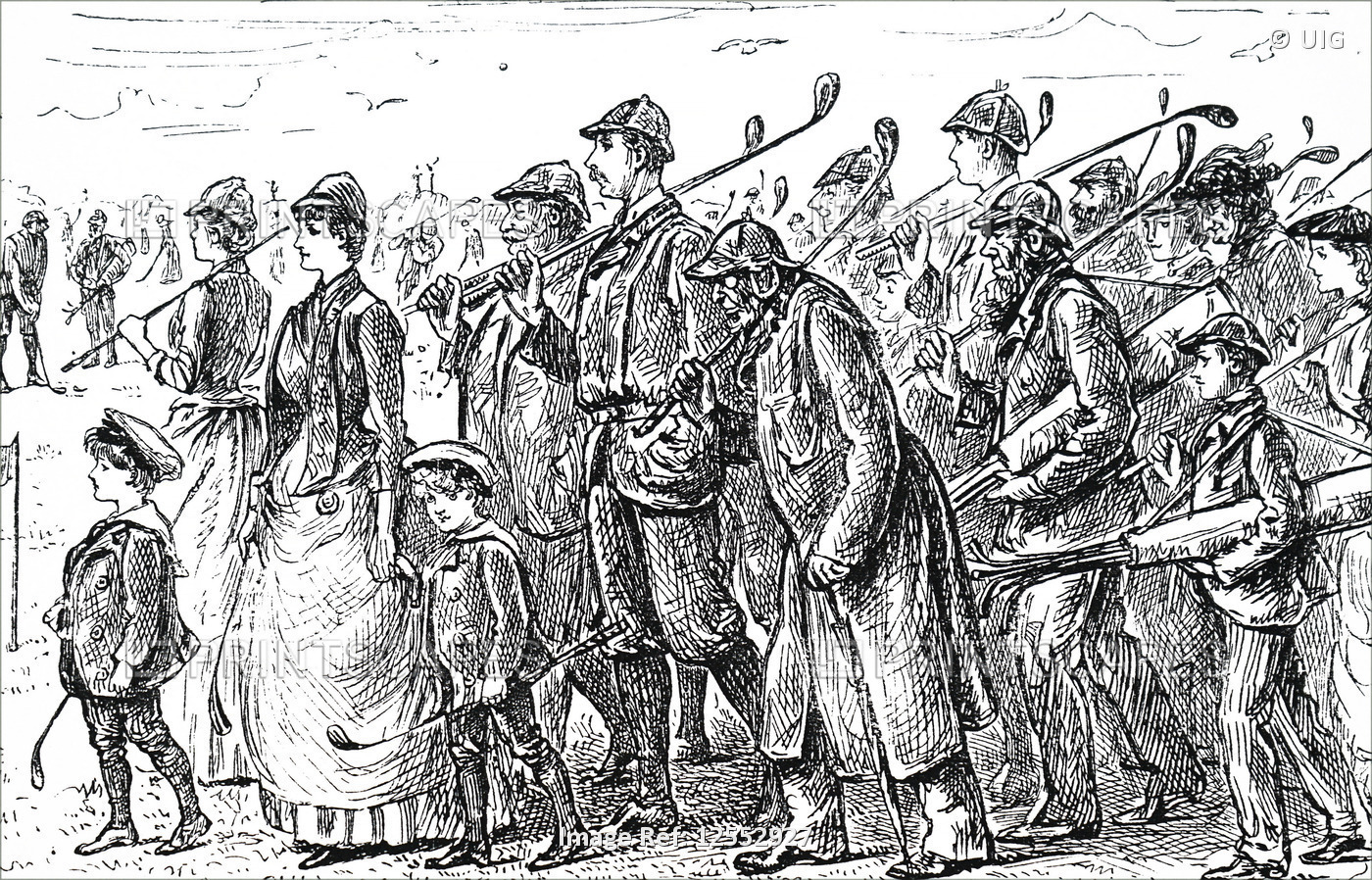 Cartoon commenting on the growing popularity of golf, 19th century