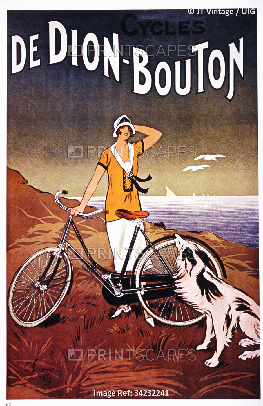 Woman With Bicycle and Dog on Beach, Advertisement for De Dion Bouton Cycles, ...
