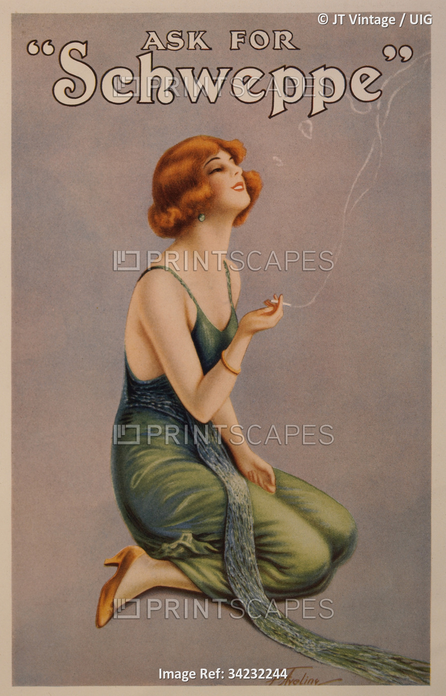 Sophisticated Woman Smoking Cigarette in Schweppes Advertisement, 1920. (Photo ...