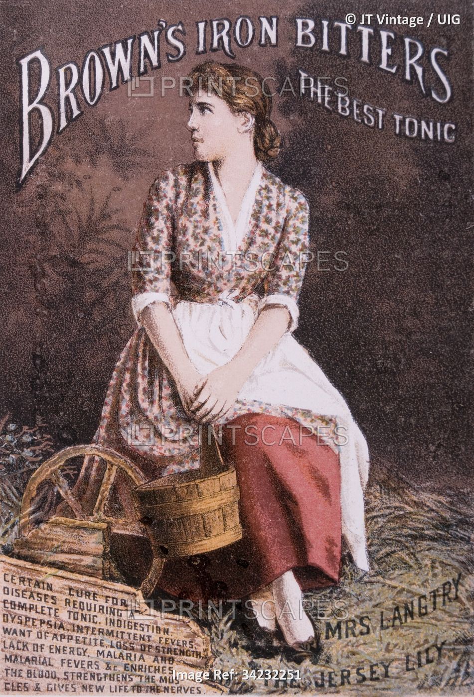 Woman Sitting and Holding Bucket, Brown's Iron Bitters, Trade Card, circa 1900. ...