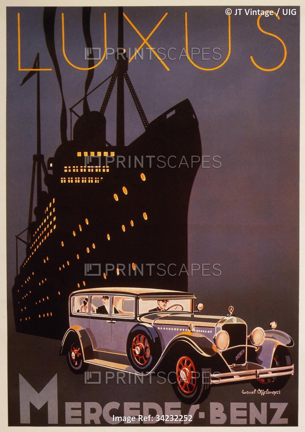 Cruise Ship and Automobile at Night, Mercedes-Benz Advertisement, circa 1929. ...