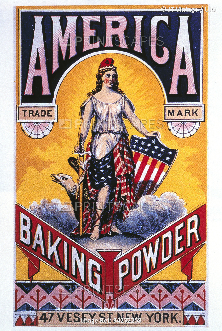 Woman Draped in American Flag, American Baking Powder, Trade Card, circa 1880. ...