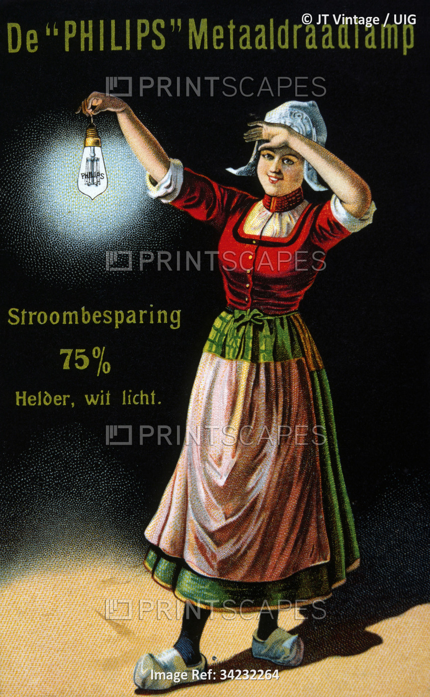 Woman Holding Illuminated Light Bulb, Dutch Ad for Philips Electric Lights, ...