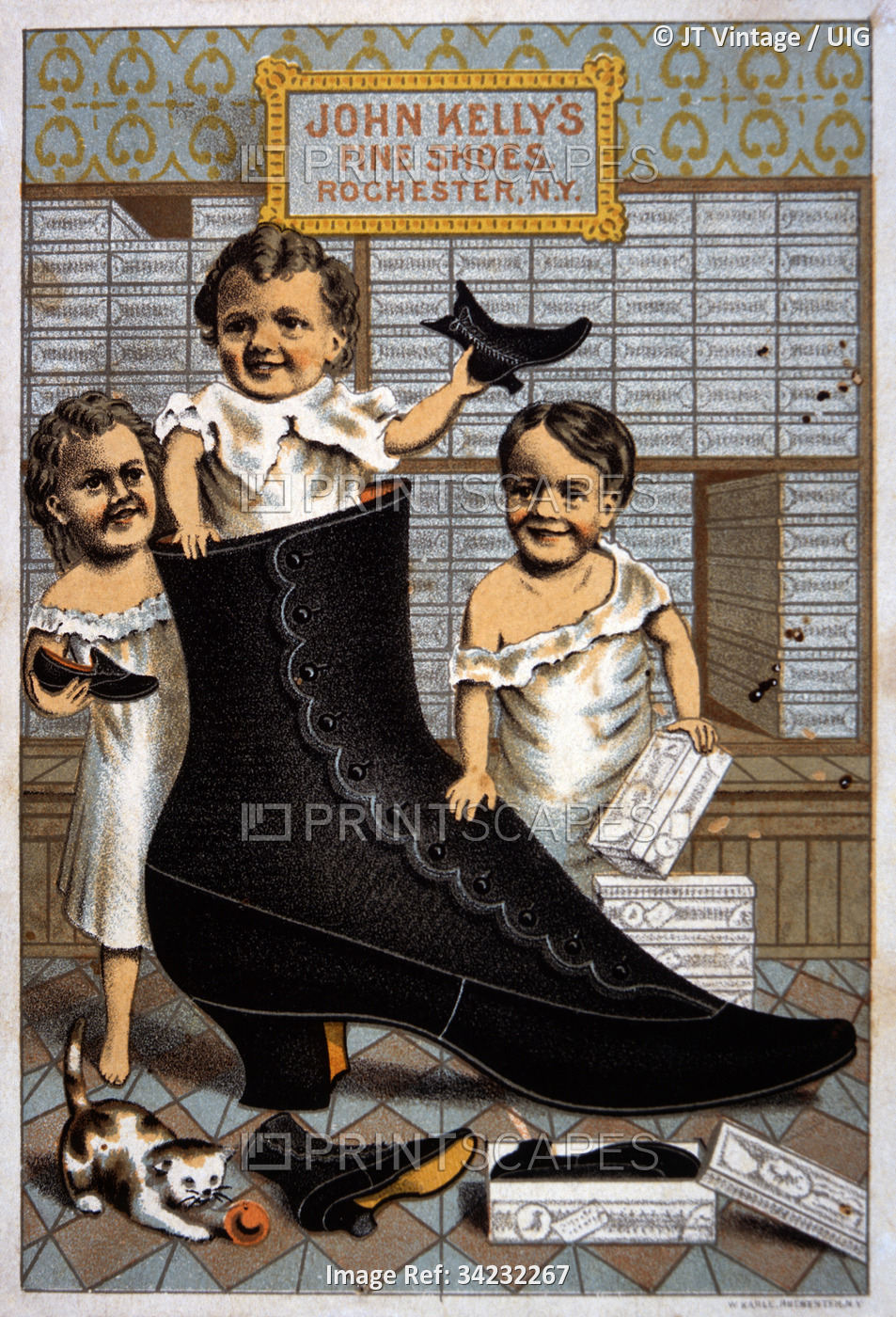 Children Standing with Large Shoe, John Kelly's Fine Shoes, Trade Card, circa ...
