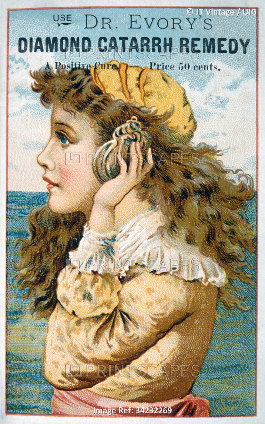 Woman Holding Seashell to Ear, Dr. Evory's Diamond Catarrh Remedy, Trade Card, ...