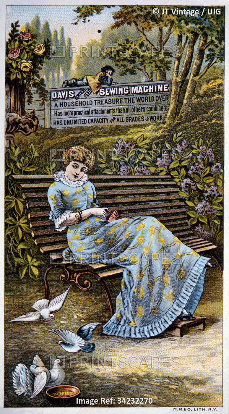 Woman Seated on Park Bench, Davis Sewing Machines, Trade Card, circa 1895. ...