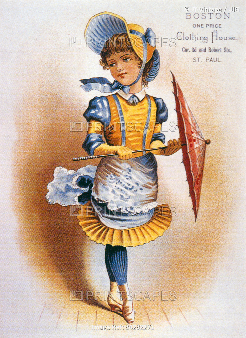Girl Holding Parasol, Boston One Price Clothing House, Trade Card, circa 1890. ...