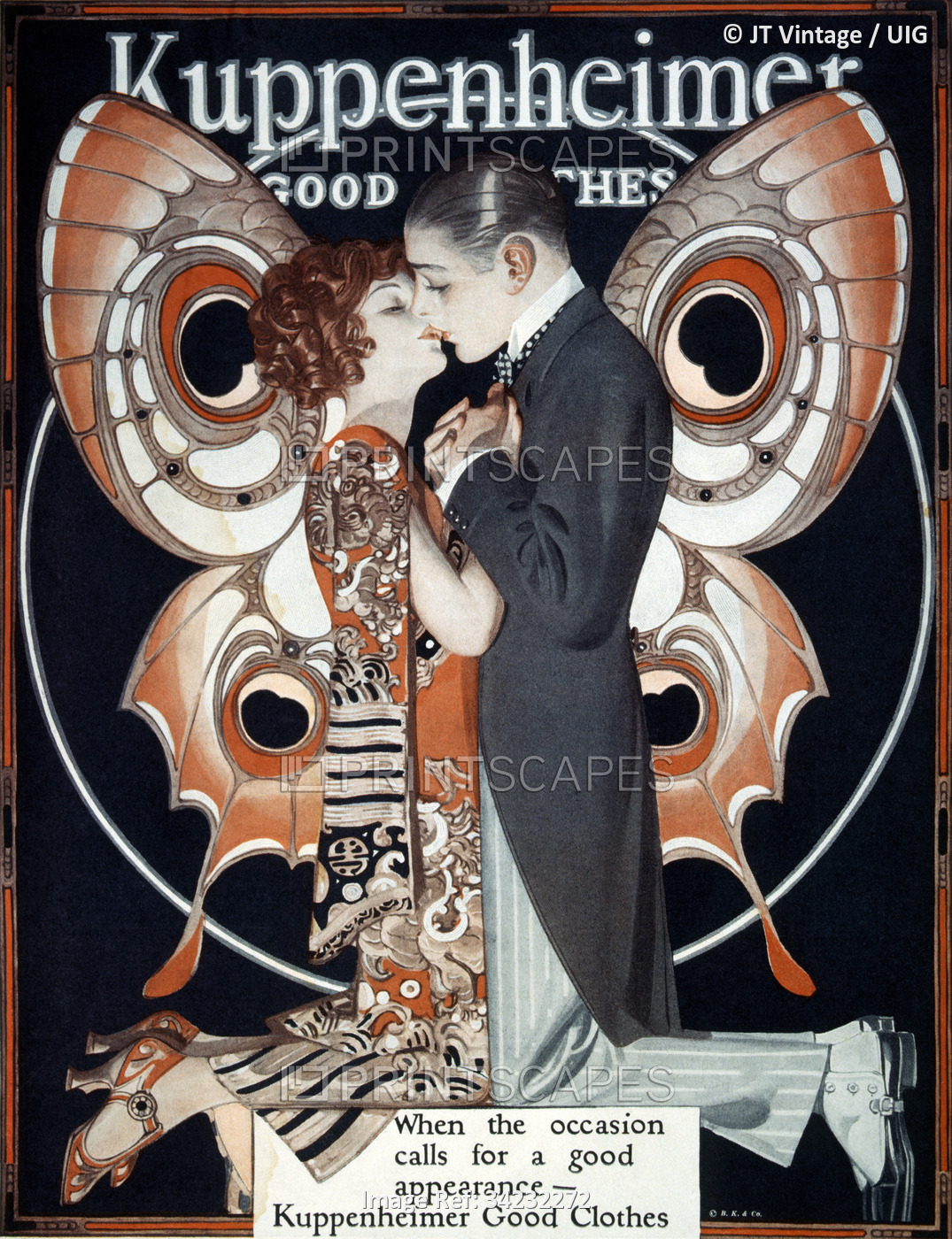Fashionable Couple Kissing in Front of Butterfly, Advertisement for ...