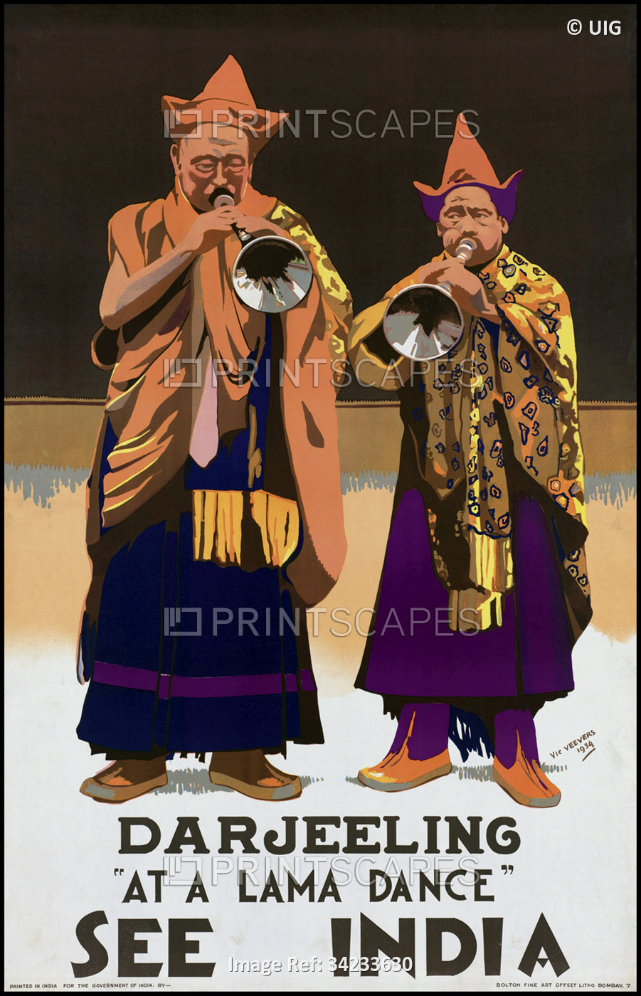 India: 'See India' Darjeeling - 'At a Lama Dance', vintage travel poster, Government of India. Victo
