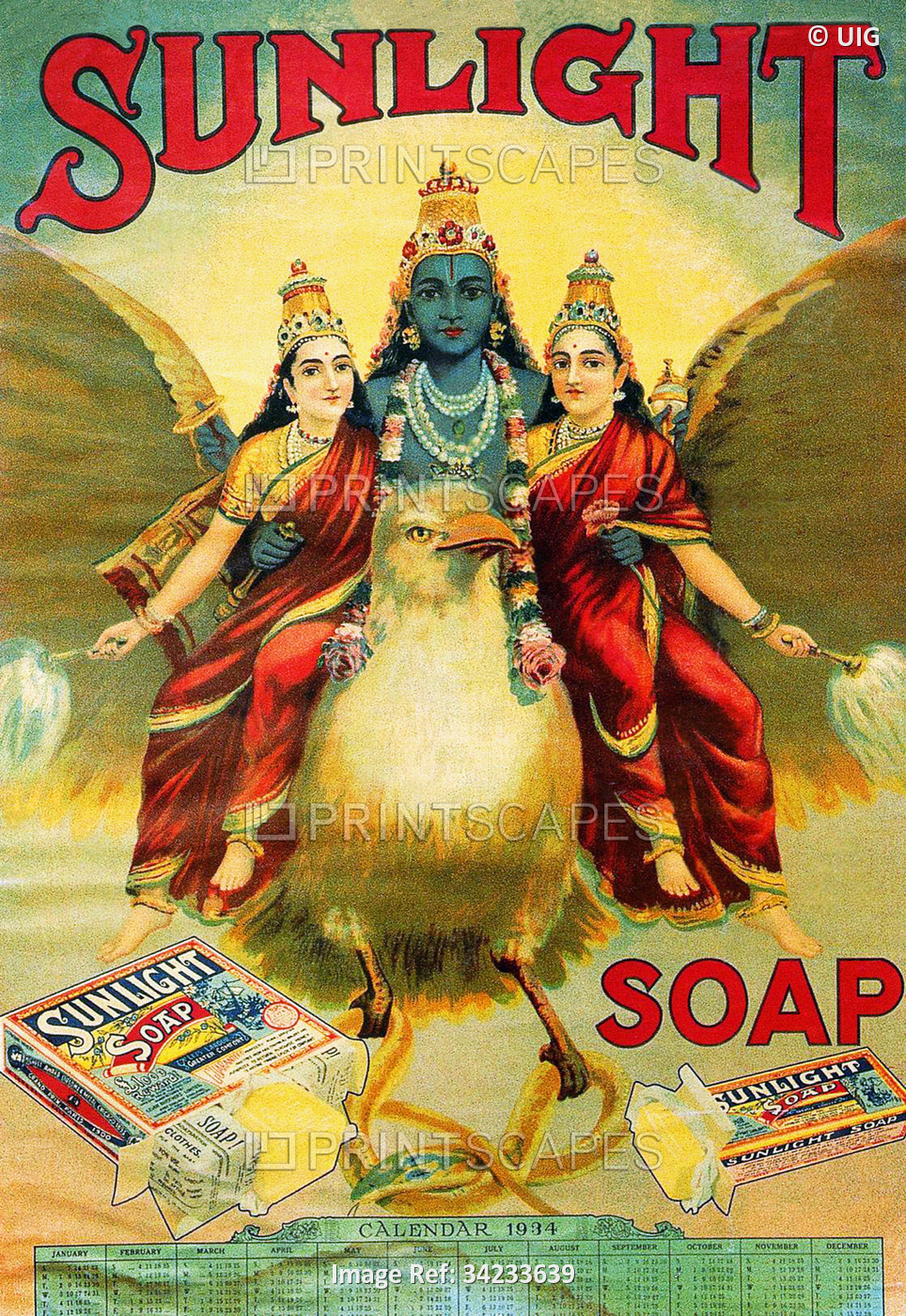 India: Advertising poster for Sunlight Soap featuring Vishnu and companions. 1930